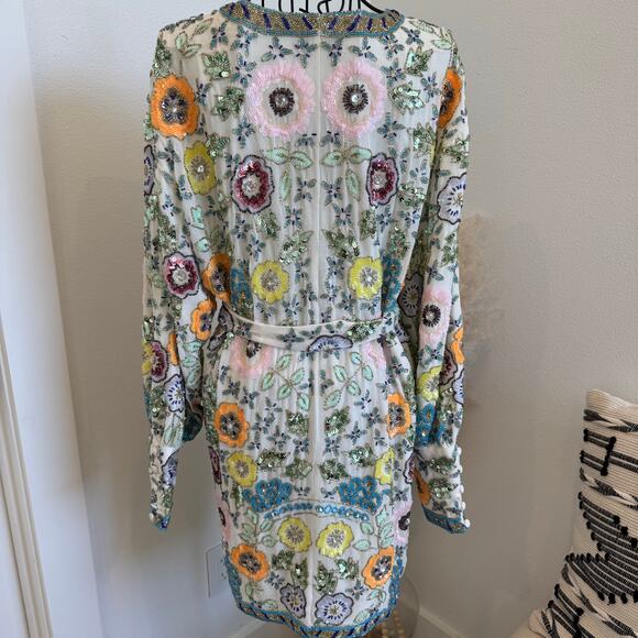 ASOS Fully Beaded Floral Wrap Belted Mini Dress NWT Size 8 - Picture 3 of 12